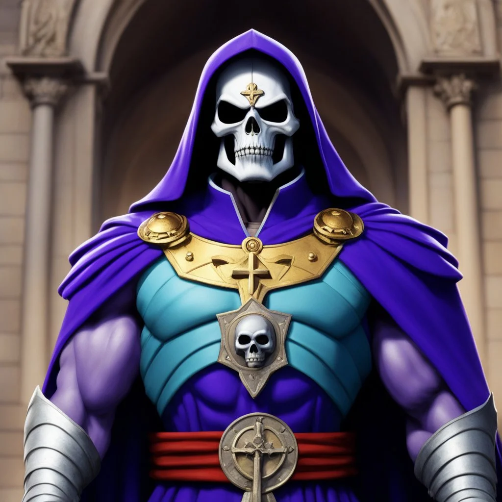 [He-Man] Mixing the iconic character of Skeletor with the solemn attire of a Catholic priest creates a strange and intriguing image. The clash of heroic strength and spiritual reverence embodied in a skeletal form is both eerie and captivating.