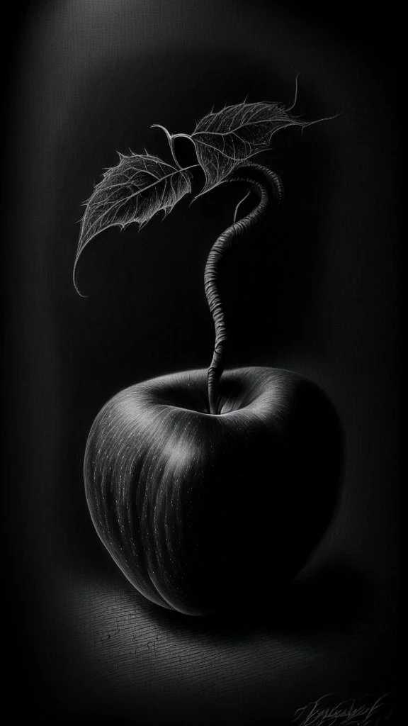 pencil drawing of poison apple. Spooky, scary, halloween, realistic, black paper