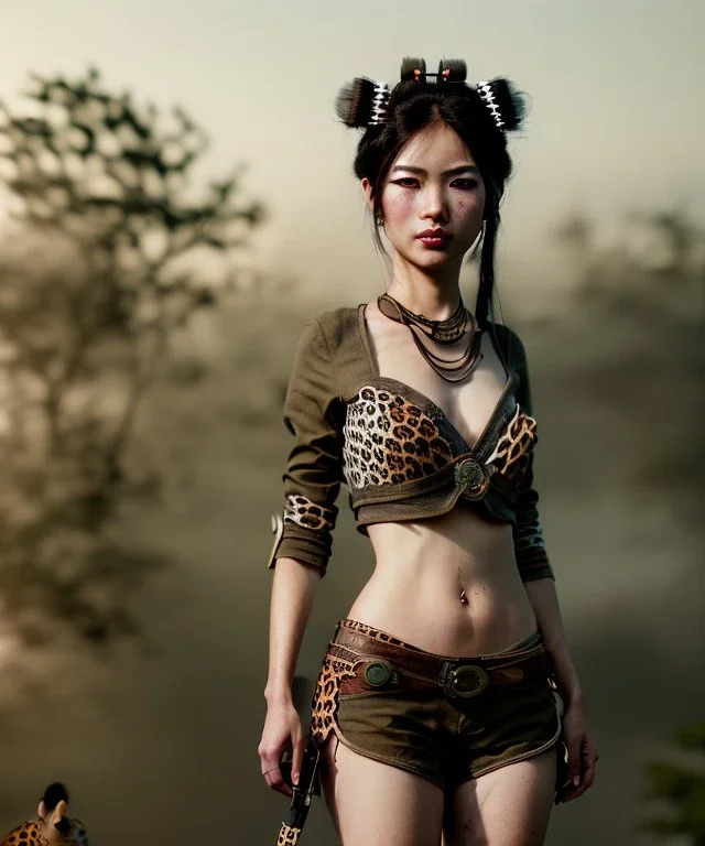 Ultra realistic, steampunk western party scene. Geisha Asian woman with leopard, waist up view, smoke, happy, color fog, people background, highly detailed, concept art, unreal engine 5, god rays, ray tracing, RTX, lumen lighting, ultra detail, volumetric lighting, 3d, finely drawn, high definition, high resolution.