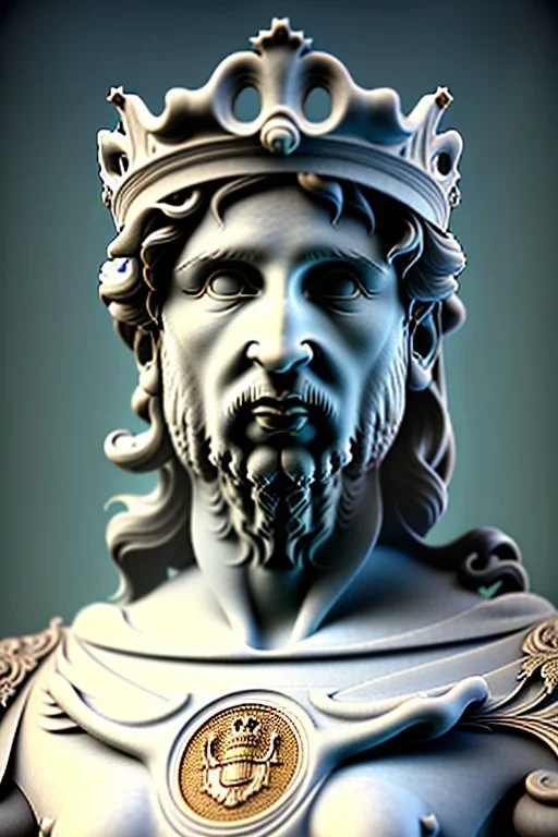 Ultra Realistic image, classical renaissance sculpture, white marble material, Lionel Messi, emperor style, gold Laurel leaves crown, chisel style, waist up portrait, epic, celestial, cinematic lighting, God light, god rays, 4k resolution, smooth details, ornate details, soft lighting, unreal engine 5, marble background.