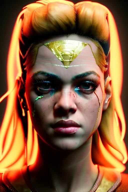 portrait, Shakira, blonde, angry, Realistic image, superhero, retro watchmen style, gold make-up, blood, sweat, fog, goddess style, Neon colors, leds. Black background, photo studio, concept art, smooth, unreal engine 5, god lights, ray tracing, RTX, lumen lighting, ultra detail, volumetric lighting, 3d, finely drawn, high definition, 4k.