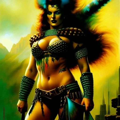 portrait oil on canvas, beautiful punk busty female Barbarian Warrior,green eyes, ,minimal armor,comic book cover, mystical colors,insanely detailed,realistic,intrincate detail, 16k resolution, masterpiece,Frank Frazetta,Alex Horley, Simon Bisley