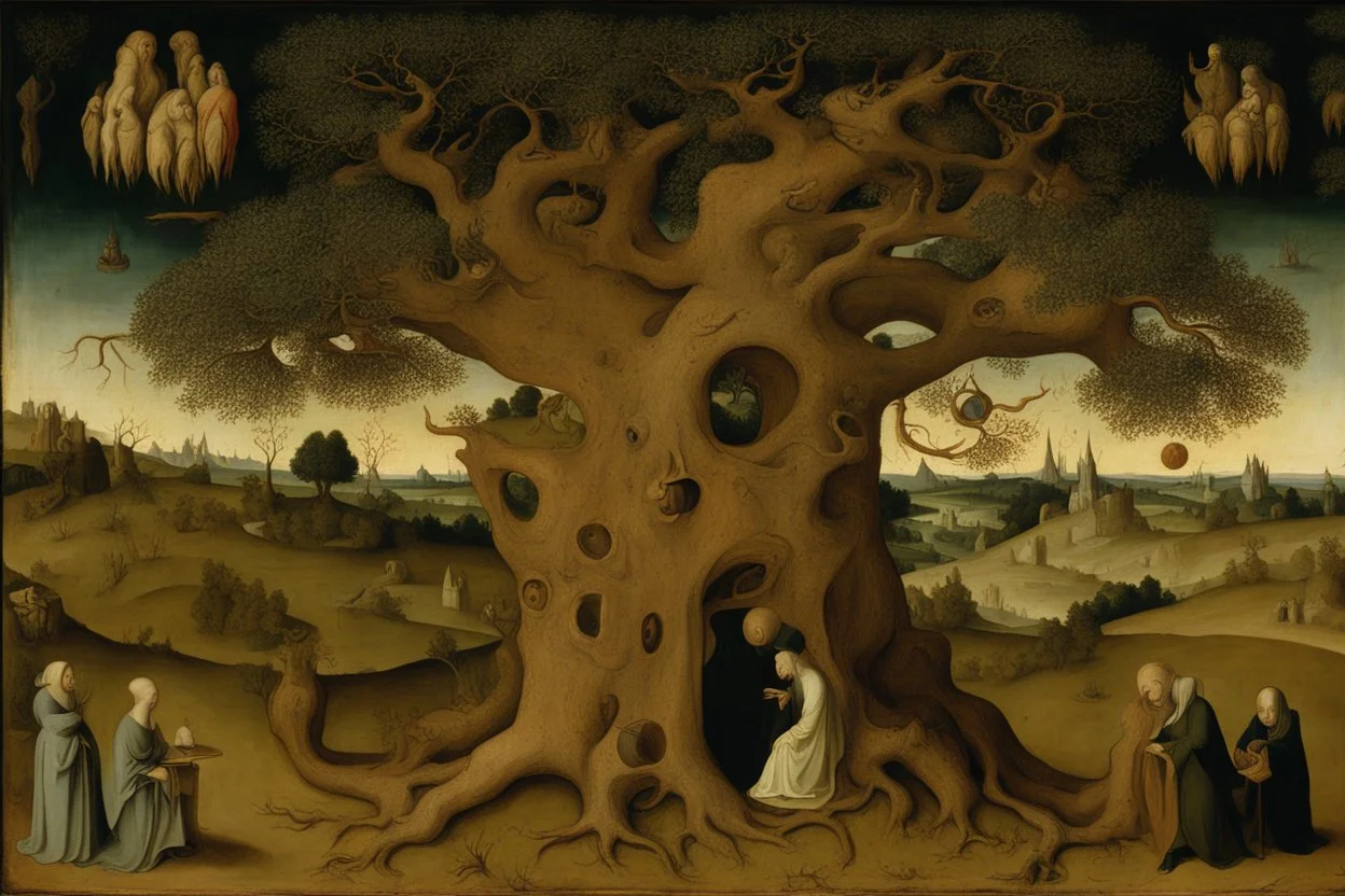 gnarled and twisted tree of life with faces and bodies in the trunk, deep colour, Hieronymus Bosch