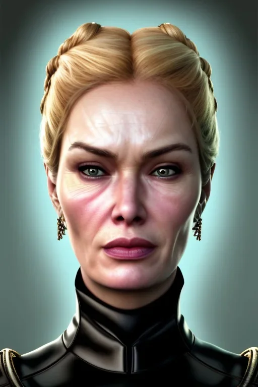 Cersei Lannister as evil mistress in black leather, dominatrix, bdsm, busty, cleavage, curvy, lena headay, angry, stern look. character design by cory loftis, fenghua zhong, ryohei hase, ismail inceoglu and ruan jia. unreal engine 5, artistic lighting, highly detailed, photorealistic, fantasy