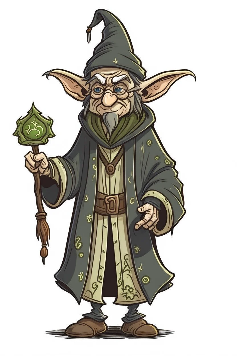 young goblin student wizard with a "D" embroidered on his robes