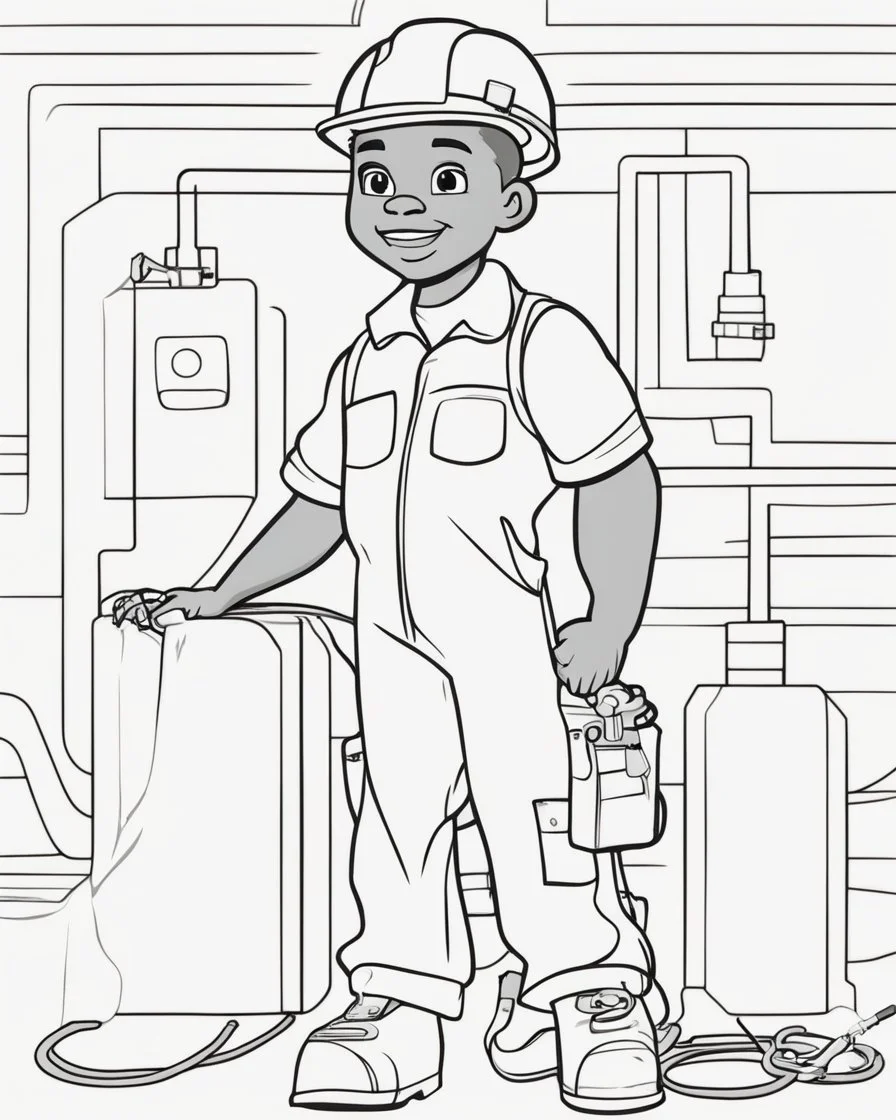 coloring page, depicting a black boy as a Electrician, full body, outline, black and white, highly defined, well defined, white background, empty background, cartoon style, coloring book style