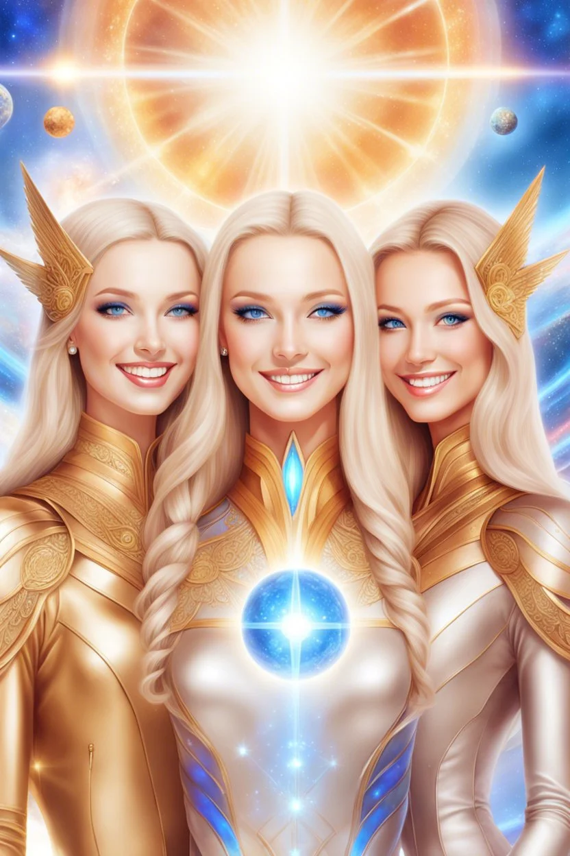 cosmic woman smile, admiral from the future, one fine whole face, crystalline skin, expressive blue eyes,rainbow, smiling lips, very nice smile, costume pleiadian, Beautiful tall woman pleiadian Galactic commander, ship, perfect datailed golden galactic suit, high rank, long blond hair, hand whit five perfect detailed finger, amazing big blue eyes, smilling mouth, high drfinition lips, cosmic happiness, bright colors, blue, pink, gold, jewels, realist, high,rainbow commander, ufos