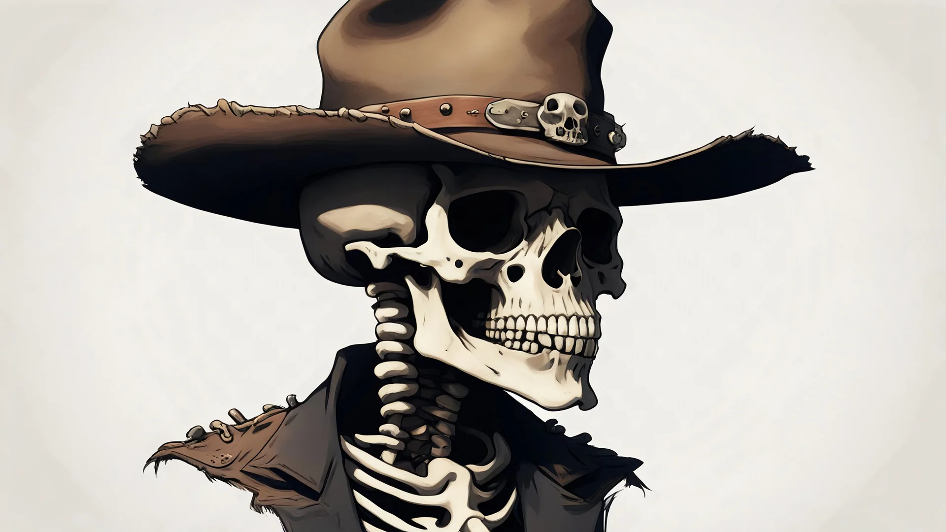 Realistic Skeleton using a wild west hat in anime looking down