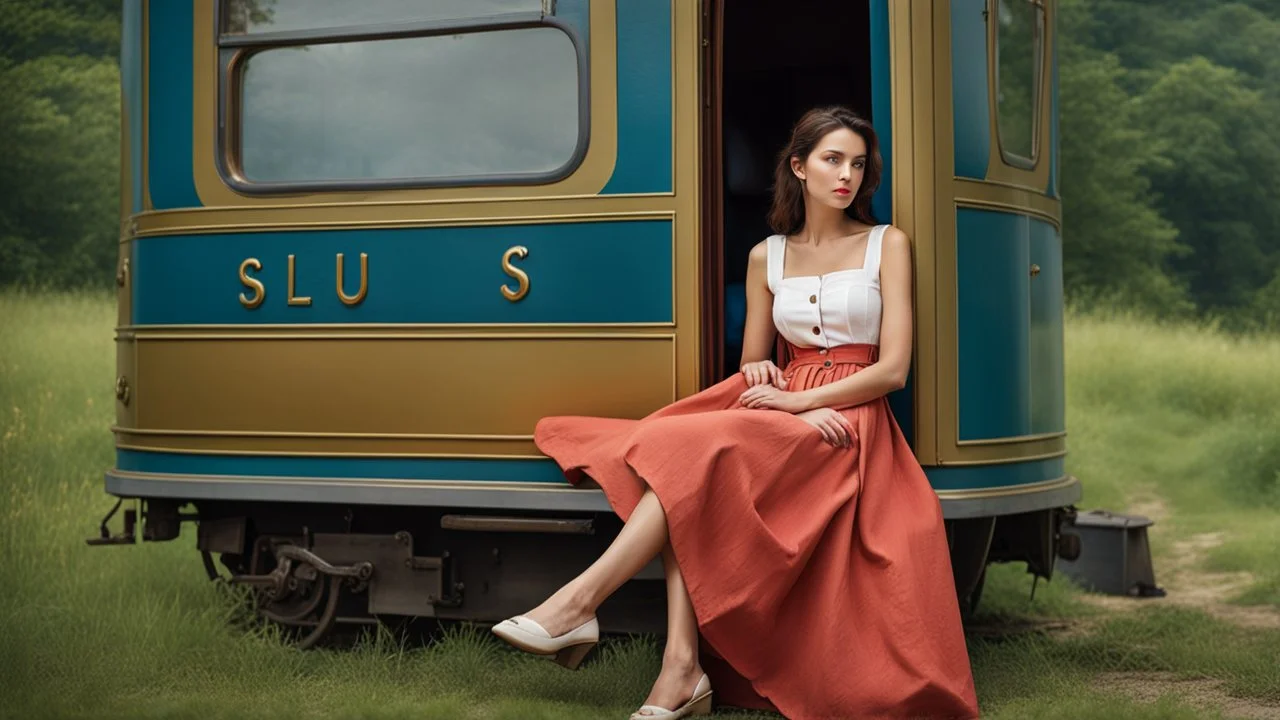 (masterpiece, best quality, 8k, RAW photo, beautiful and aesthetic:1.2), complex detail, Indirect light, photorealistic, full body, Button-down linen sundress with a square neckline, <lora:SClus_001-03:1>Train women , sitting chair under skirt,