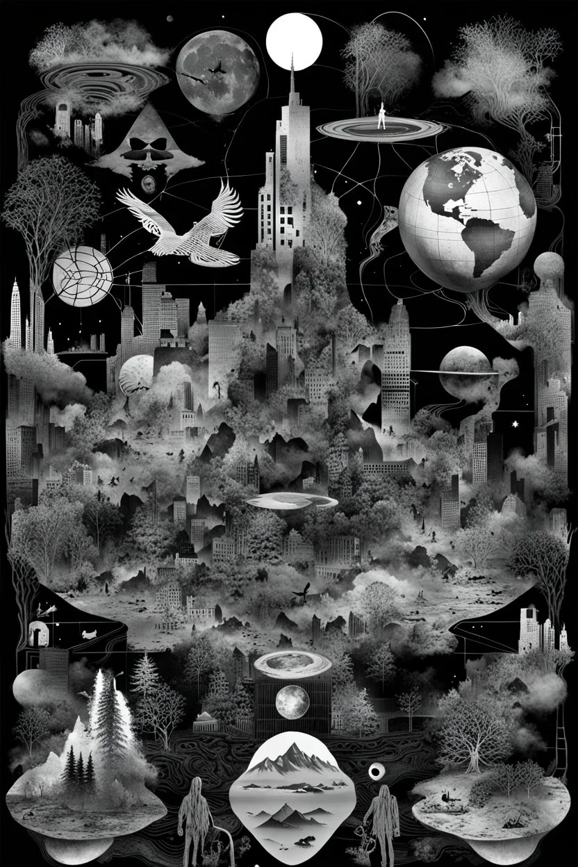 mistake in Matrix world, black and white digital collage of various images and elements, shapes, human siluette such as animals bodies, dark shadows, planets, abstract symbols, fog, plants, tree, maps, weird things, poison, ruins. The collage is composed of distorted , shapes and silver layers, creating a sense of confusion and horror. Deep, dark colors, surreal mood, The images and elements are related to the themes of surrealism, paranoia, thriller, weird illustration, nightmarem mood.