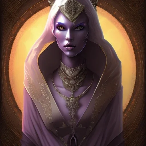 Drow priestess diplomat dressed in spider silk robe negotiates with kings