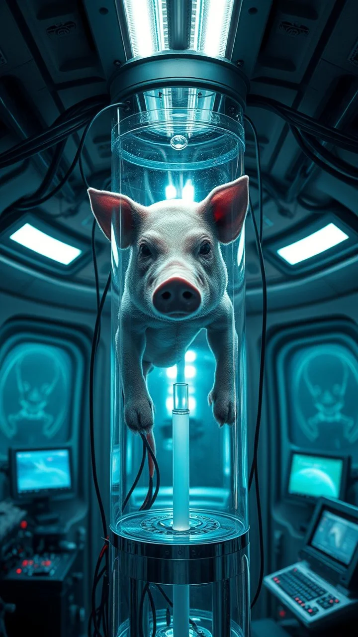 A hybrid half human with pig face inside a laboratory transparent cylinder connected with many wires and small plastic tube to big machine inside a aliens space ship, 4k , high quality picture and dim lighting with small screen monitors
