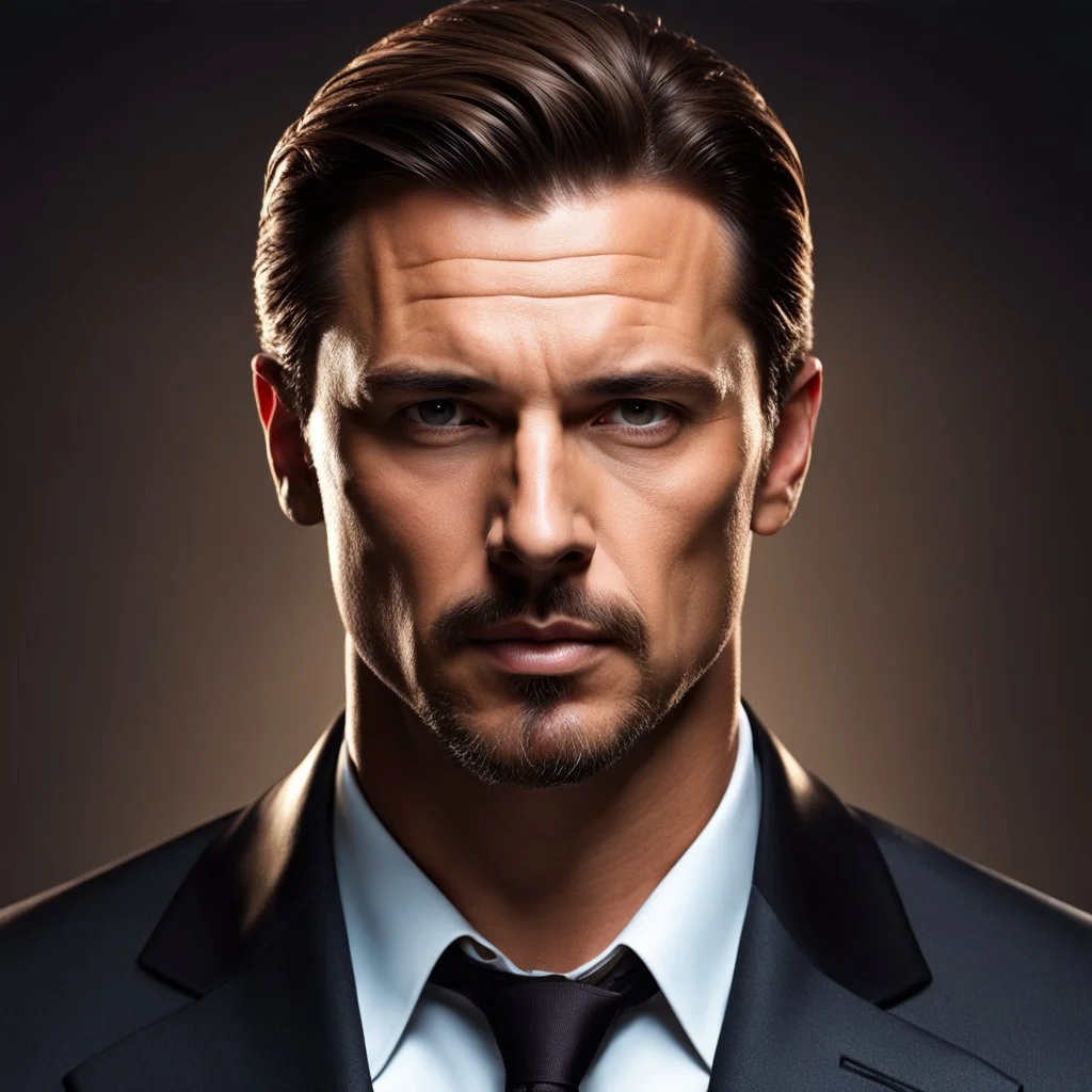 portrait of a 40 year old Handsome, smart gang boss with lightly tanned skin. medium length brown hair slicked back and a goatee beard. mean looking. photorealistic