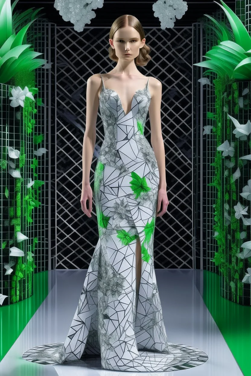 model with dress printed in 3D inspired by trullo, palm and orchids high tech