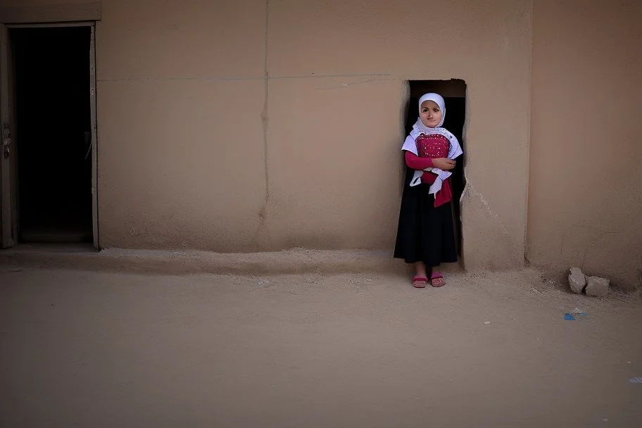 A five-year-old Palestinian girl wearing a traditional dress and new shoes looks to the side and points at a distant building.