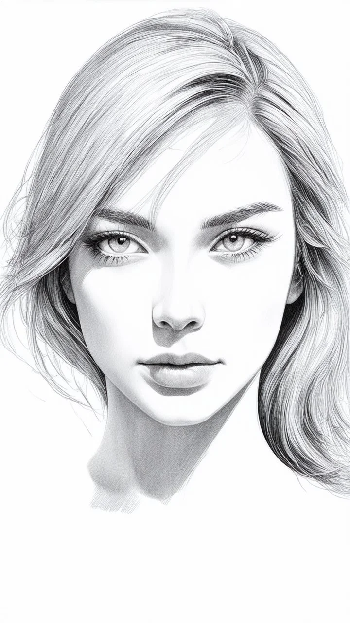 A beautiful face of woman all white skin, white eyes, white hair on a white background, pencil drawing style