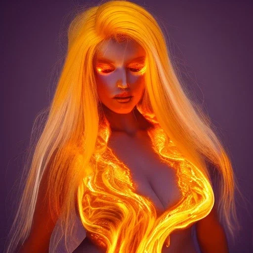 woman made of fire, fire angel, fire clothes, full body portrait, long flowing yellow hair, highly detailed, real life photo, photo quality, extremely detailed, highly detailed, 8K, crisp quality