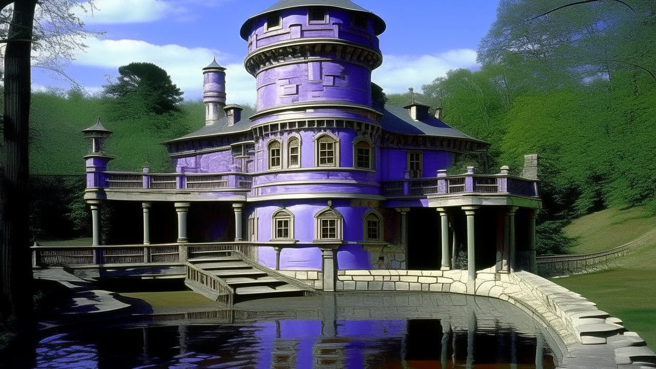 A violet mad doctor's chateau with a toxic moat painted by Frank Lloyd Wright