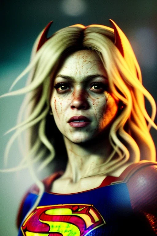 portrait, Shakira, make-up, angry, Realistic image, superhero, retro pop, supergirl, blood, sweat, fog, goddess. Black background, photo studio, concept art, smooth, unreal engine 5, god lights, ray tracing, RTX, lumen lighting, ultra detail, volumetric lighting, 3d, finely drawn, high definition, 4k.