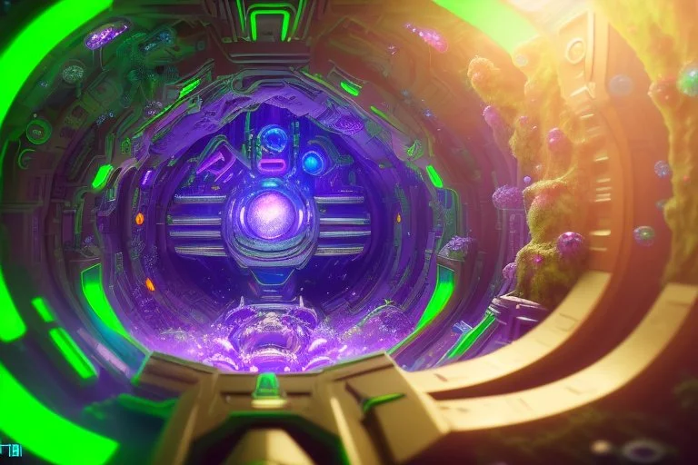 green and purple crystal cosmic and galactic ambiance cinema4d sci-fi futuristic tunnel, full of details, smooth, bright sunshine，soft light atmosphere, light effect，vaporwave colorful, concept art, smooth, extremely sharp detail, finely tuned detail, ultra high definition, 8 k, 16 k, unreal engine 5, ultra sharp focus