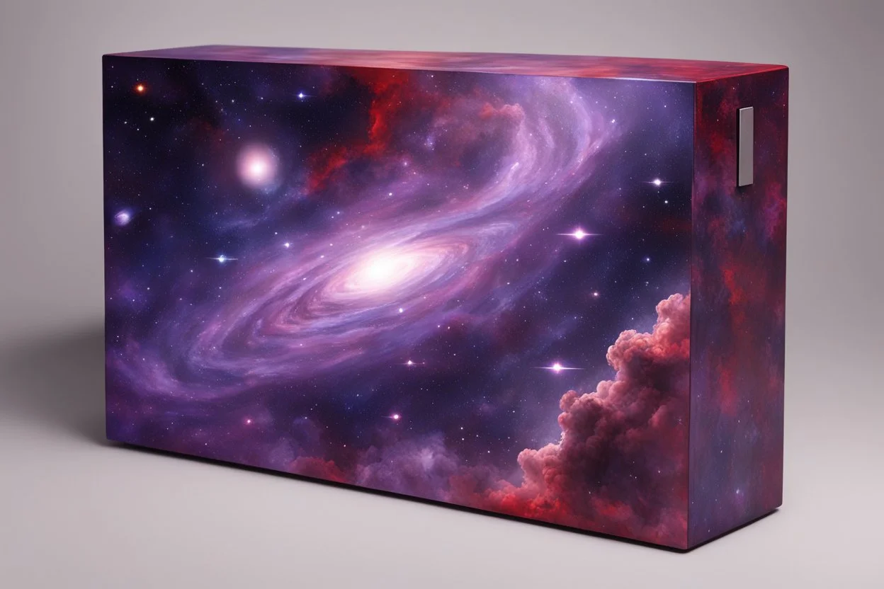 beautiful paintings of purple space, galaxies on red rectangular box, very realistic