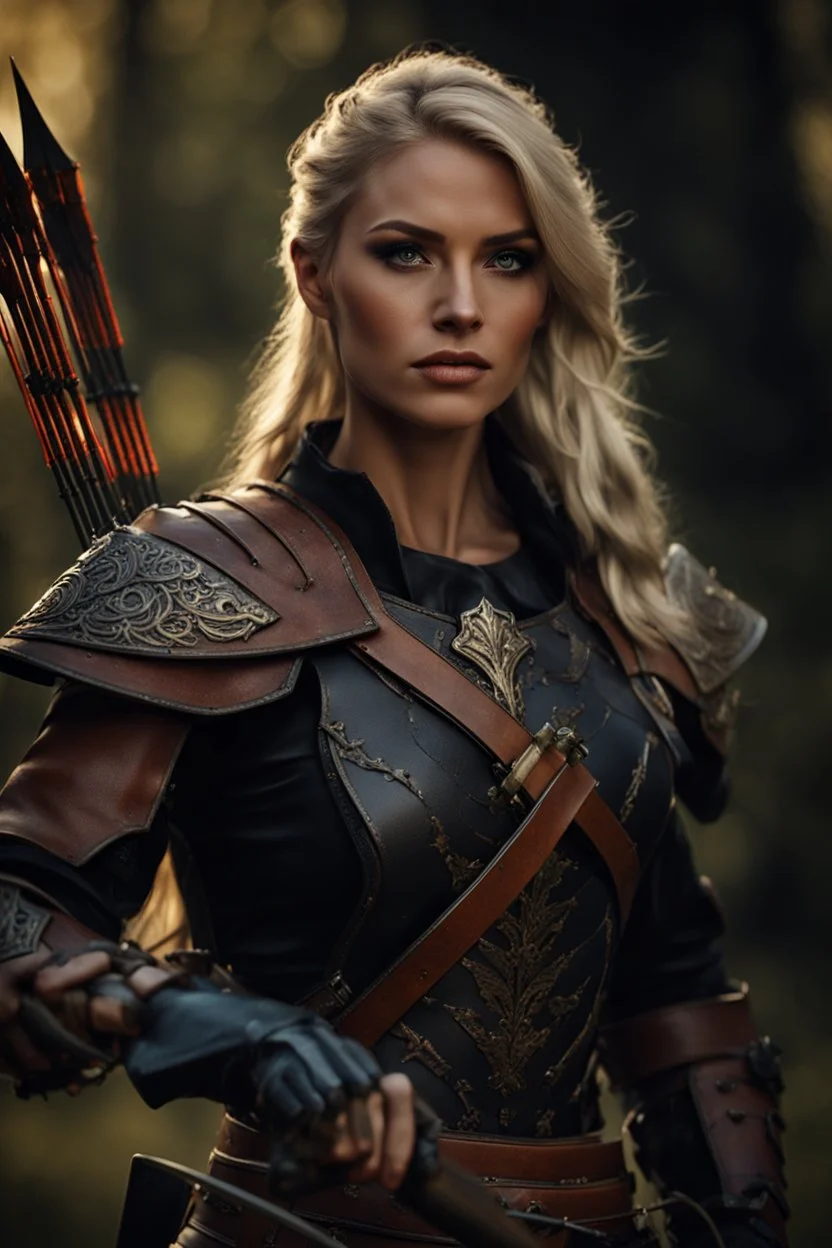 blonde female hunter with a bow and arrow wearing leather half armour dark fantasy Realistic 4k