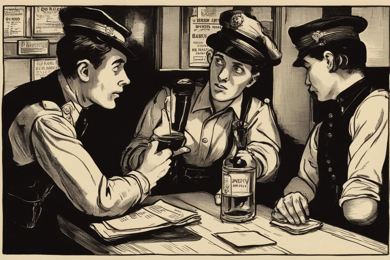 Smoky pub, cheerful young men drinking around a table, a policeman looking thoughtfully at the ID card of one of the boys, lamplight