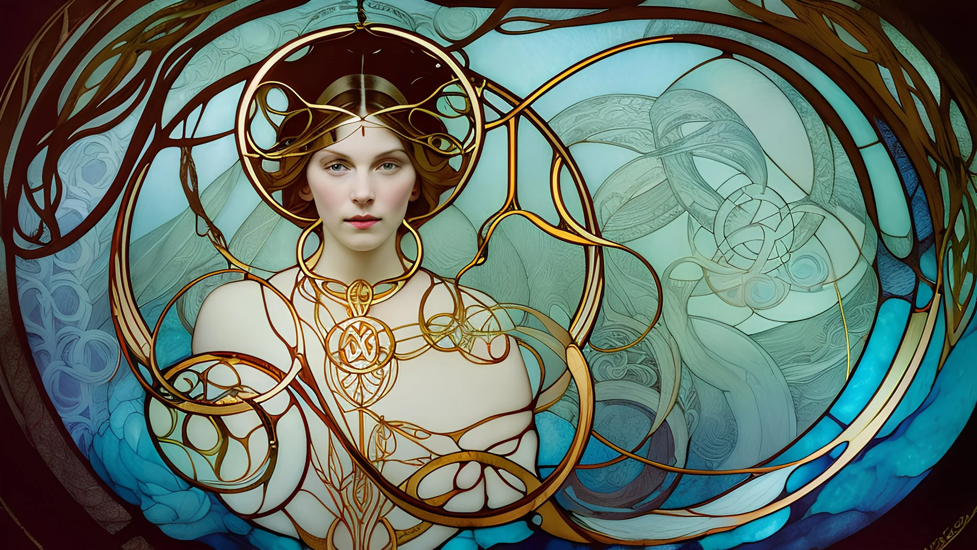 art by Alfons Mucha and Patrick Woodroffe, stained glass motif, Ouroboros, infinity symbol, mystical, mechanistic, metaphysical, serpentine, cosmic, nebula, HD 4K, sharp detail, photo-realistic, octane rendering, award winning photography, cinematic lighting