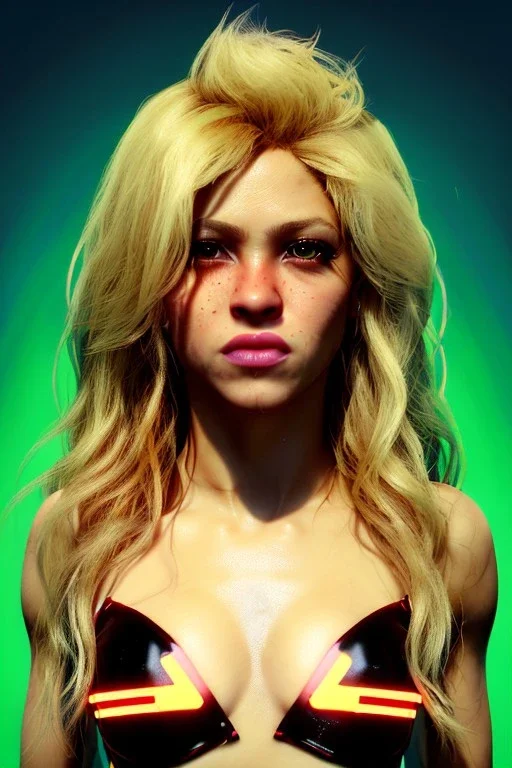 portrait, Shakira, blonde artist, angry, Realistic image, latex style dress. Skewers, loose long hair, eyes make up, perfect, glow, circle iris. Neon colors, leds, geometric shapes. Dark background, photo studio, neon lights. Cyberpunk, concept art, smooth, unreal engine 5, god lights, ray tracing, RTX, lumen lighting, ultra detail, volumetric lighting, 3d, finely drawn, high definition, 4k.