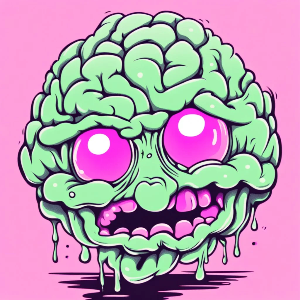 Vintage illustration of a slimy pink brain melting, cartoonist animation style, hand drawn, pastel color palette, gross art, pop punk, 90s anime inspired, airbrushing, post modern, horror cut, gradient chrome abberations, retro weird drawings