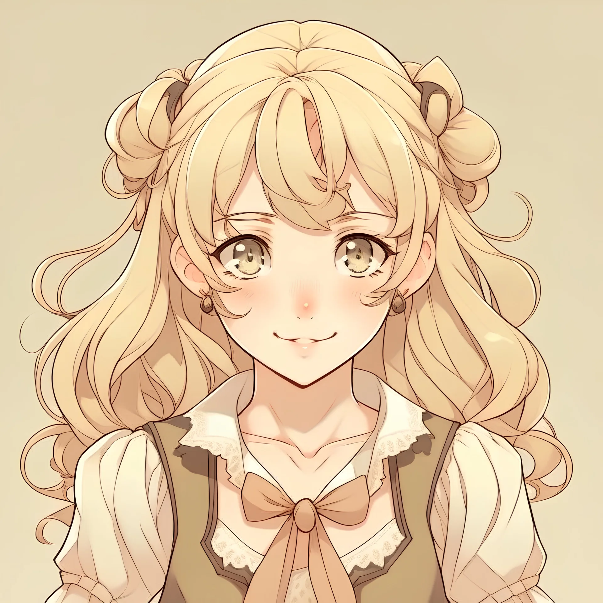 Teenage girl with blonde hair pulled into a half bun with the rest of the hair in big bouncy tight curls hanging down around her neck and a few small curly hairs around her face, brown eyes, anime style, front facing, looking into the camera, cream peasant top and cream corset,