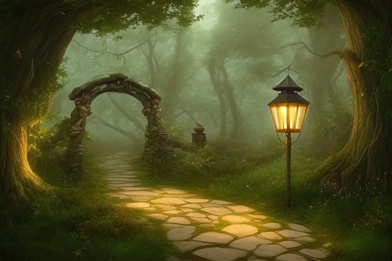 wooded forest stone lantern path