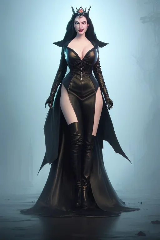 Amy Dumas as evil queen in black leather gown, evil, busty, cleavage, curvy, angry, stern look. character design by cory loftis, fenghua zhong, ryohei hase, ismail inceoglu and ruan jia. unreal engine 5, artistic lighting, highly detailed, photorealistic, fantasy