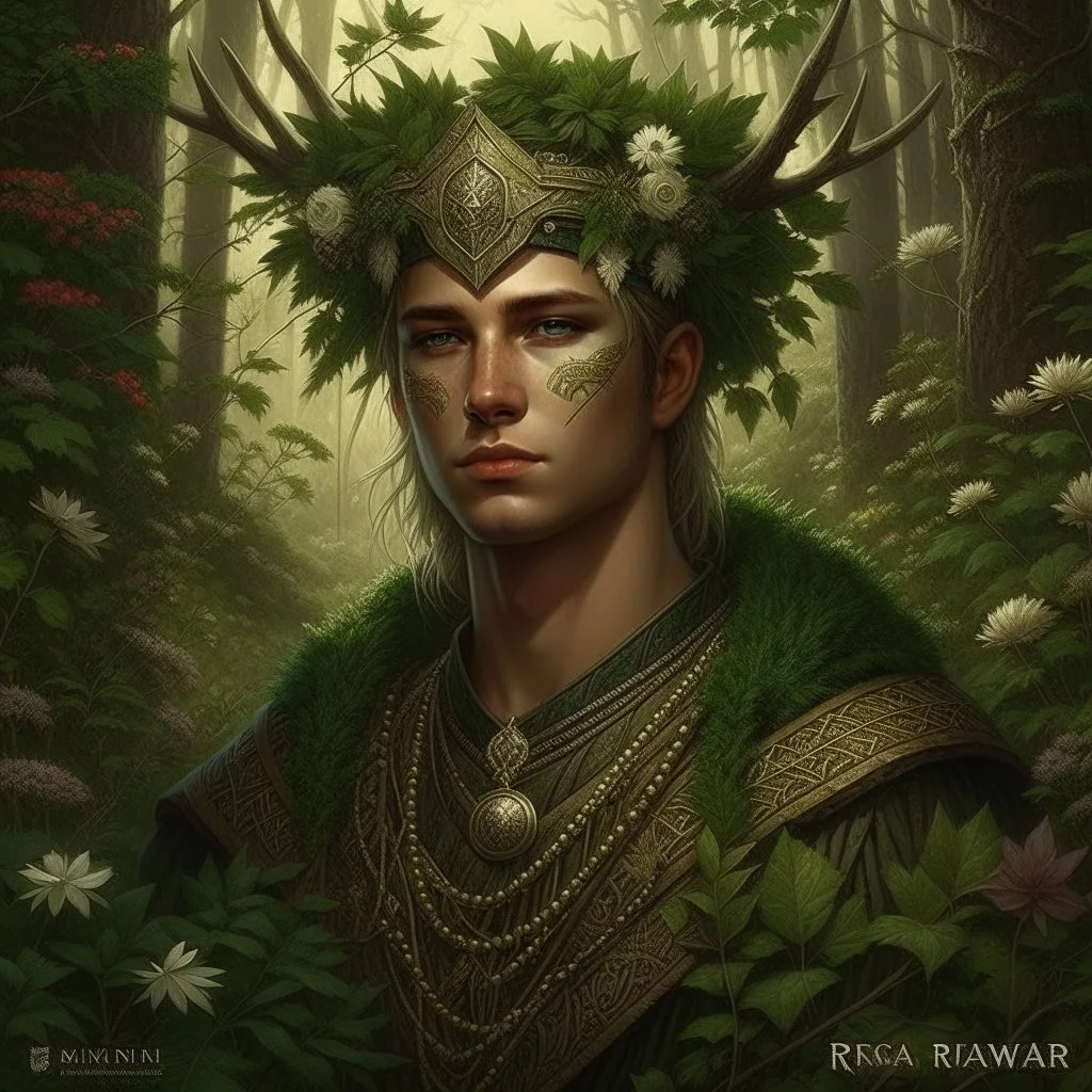 Pagan town, viking art, male, highly detailed with lush forests, green leafs, flowers, pagan temple with runes, high resolution, 24k, ornate, intricate, complex, digital painting, smooth, art by royo and tom bagshaw