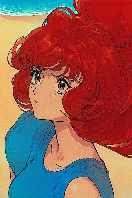 1girl, retro anime, 80's, redhead,portrait, synth-wave colored, beach