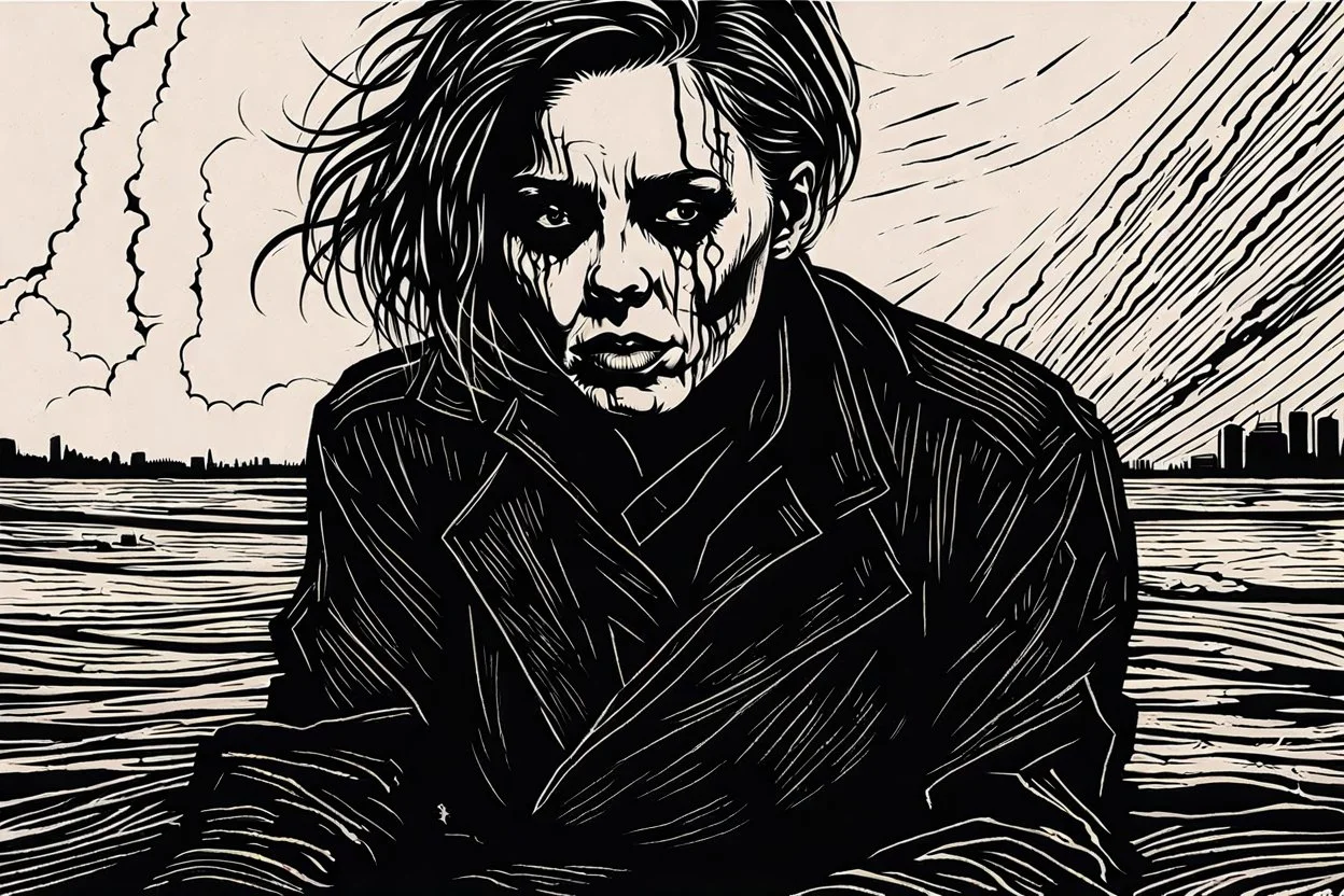 create a deep powerful tragic and evocative, full body woodcut of a raw and weathered gothpunk female, lost in a horrific post apocalyptic world, in the style of KATHE KOLLWITZ , searing lines and forceful strokes