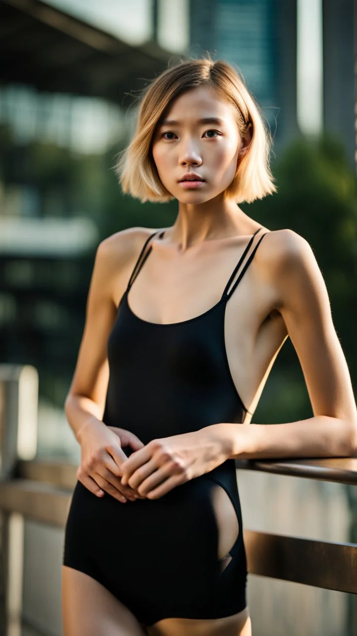 beautiful anorexic asian girl, total shot, shiny black triathlon swimsuit, short blond wavy bob hair, blurred city background