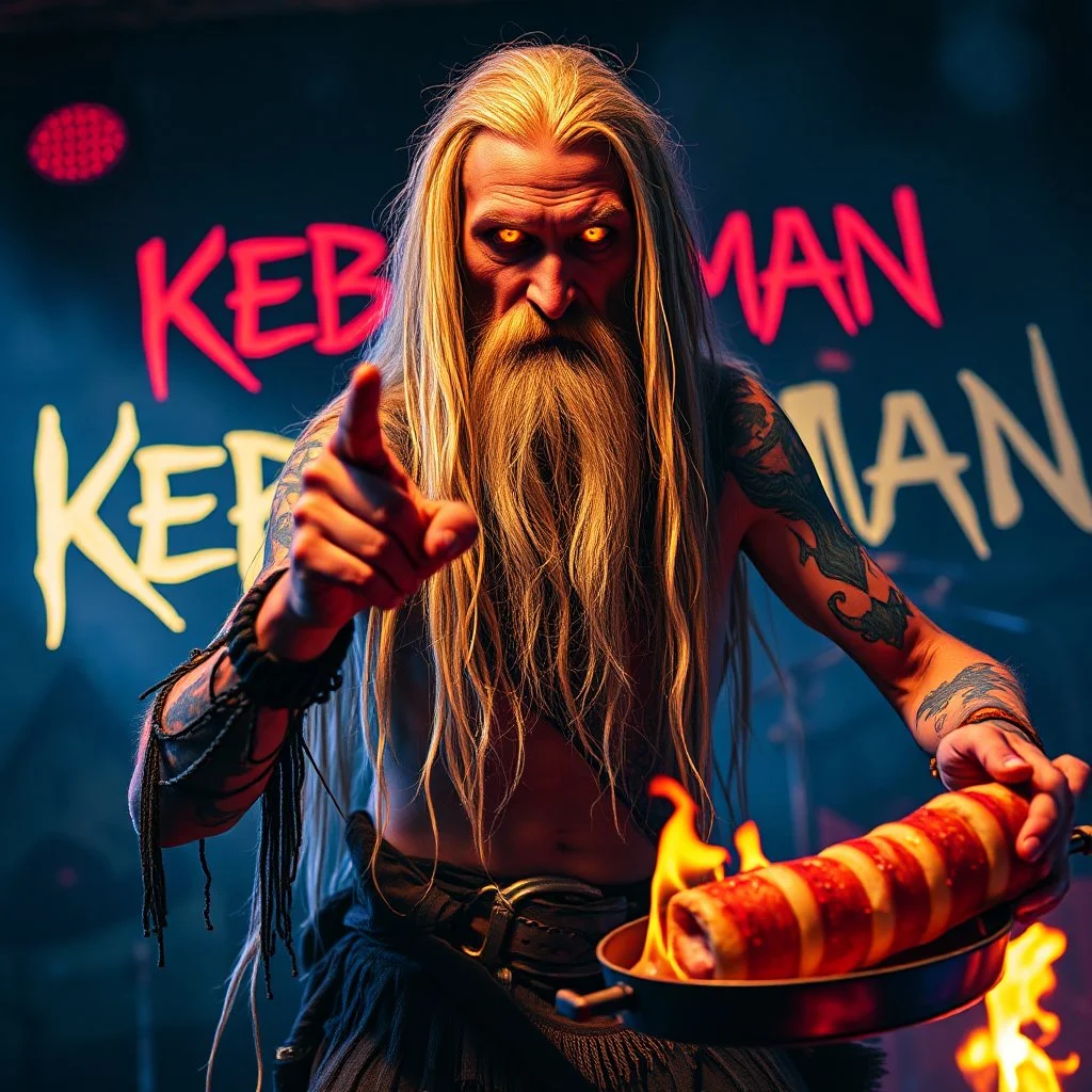 a very thin swedish viking man, evil with very long blonde hair (2 meter), (fat glowing eyes), he is called "KEBAB MAN" performing at death metal club, his name is "KEBAB MAN" kebab rolls On stage, kebab Neon lights and smog, and "KEBAB MAN" big sign on the wall, kebab tribal tattooes, spinning kebab machines, flames and smoke, chaos, he using gasolin and pour it on the kebab on the stage, pointing middle finger, not point finger