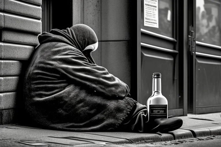 One single mature homeless penguin with worn out clothes, sitting in a corner on the street, wine bottle , Vienna, mourning, model style, hyper realistic, extremely accurate, delicate, extremely detailed, Graphic novel style, wide-angle, open aperture, superfine pencil