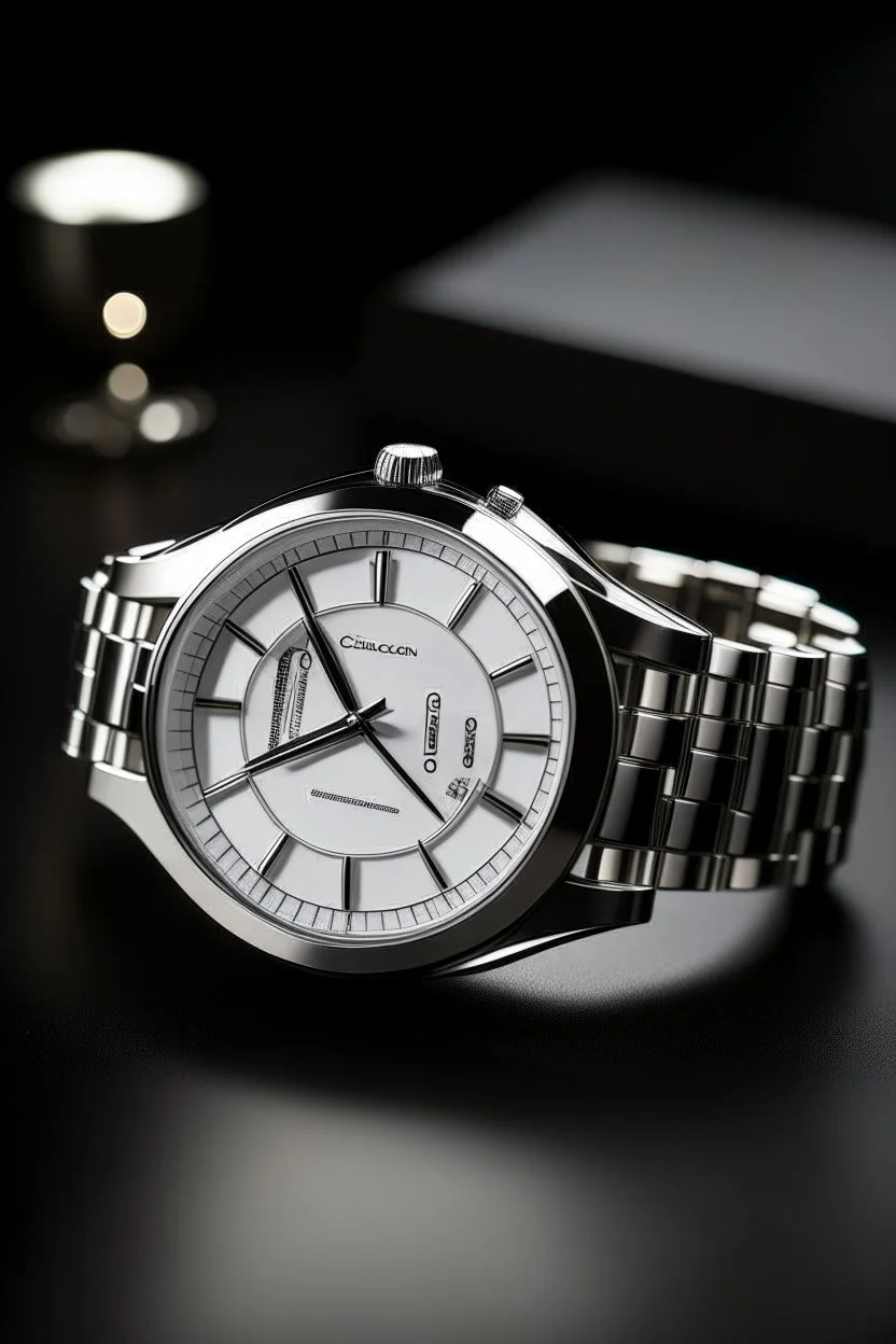 Design an image of a white gold men's watch suitable for a business casual setting. Capture the essence of professionalism with a touch of style, making it versatile for different occasions.