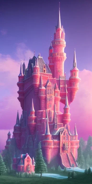 Ice cube shaped castle. pink houses, pink sky, pink smoke, trees, outdoors. street.