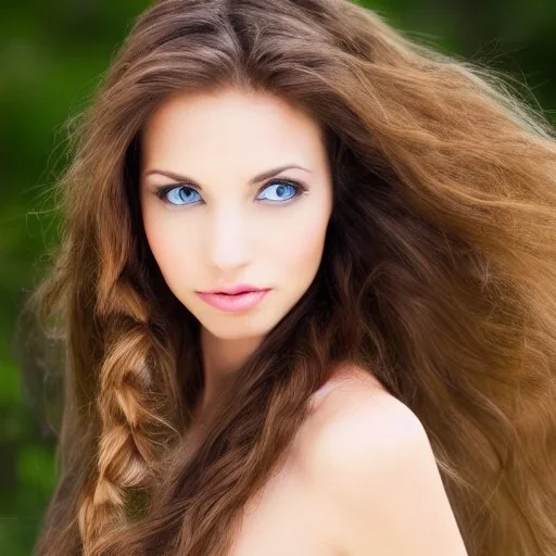 avatar of a beautiful Hungarian woman with clear features with a magical feel with light brown long hair with nature background