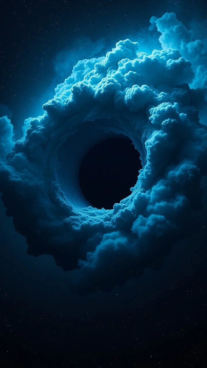 Intense cold dark blue Hole explosion in deep space. Hole apocalypse wipes out Universe. Cold blue cloudy hole collision explodes in outer space.a shape of devilish dark body with hood in the hole like sucked in side Epic galaxy with growing black hole. Thin line draw, Cinematic interstellar