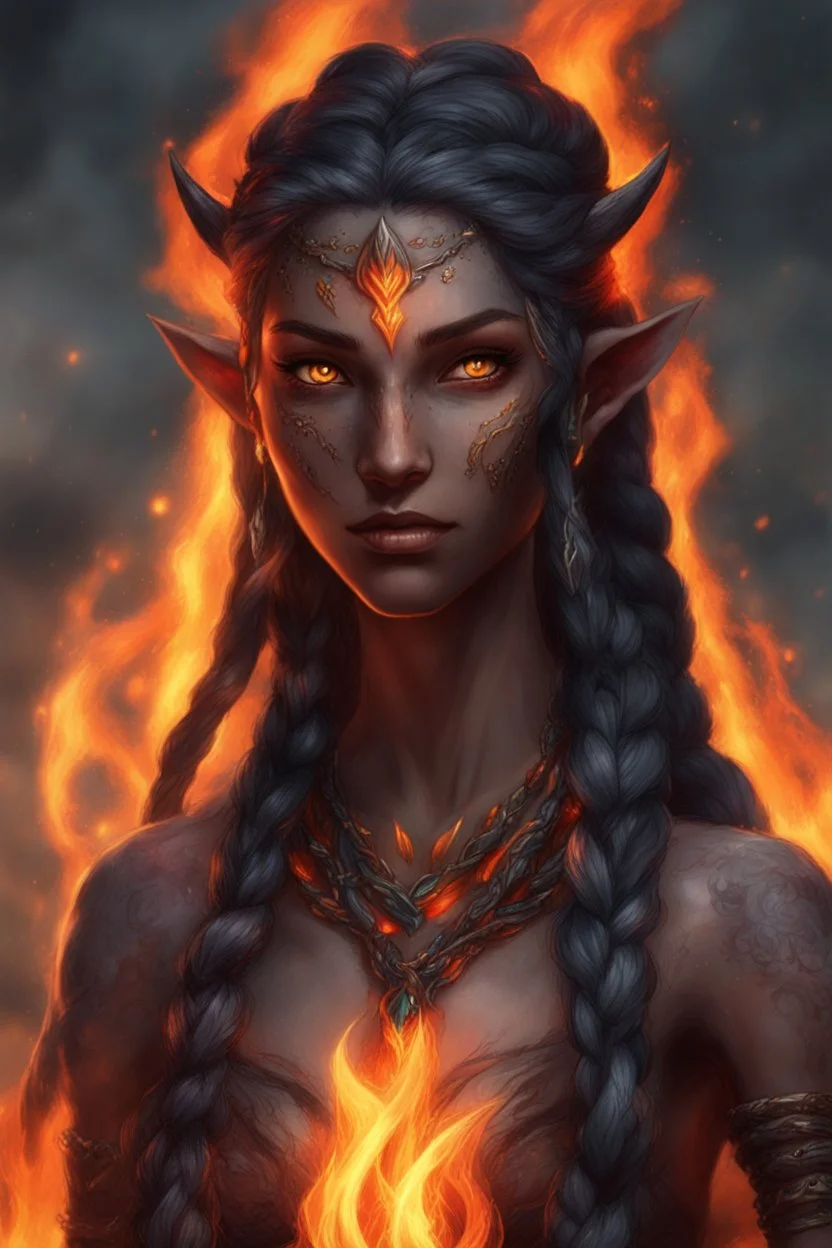 Fire Eladrin druid female. Hair is long and bright black part glows. Part of hair is braided and fire comes out from it. Big bright red eyes. Is generating fire with her hands and fire are coming our off them . Skin color is tanned. Has a huge scar on face.