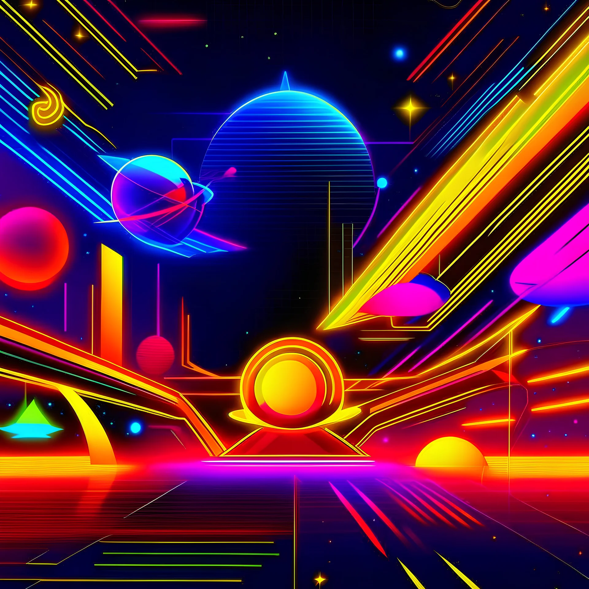 create a pic that reminds about techno music, dance and syntwave , with neon and yellow rays and starships