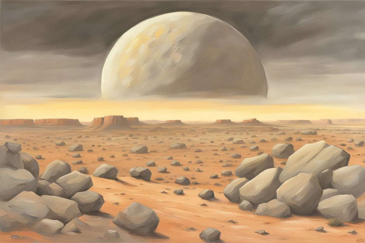 Grey sky with one planet in the horizon, rocks, sci-fi, rocky arid land, 2000's sci-fi movies influence, rodolphe wytsman and friedrich eckenfelder impressionism paintings