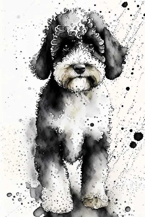 Abstract wet watercolour of a black and white bernadoodle, ink lines, splashy background detailed,focus on eyes, watercolour paper