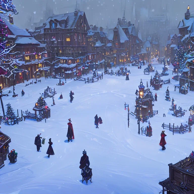 A snowy warlock Christmas festivities in town square with water canals