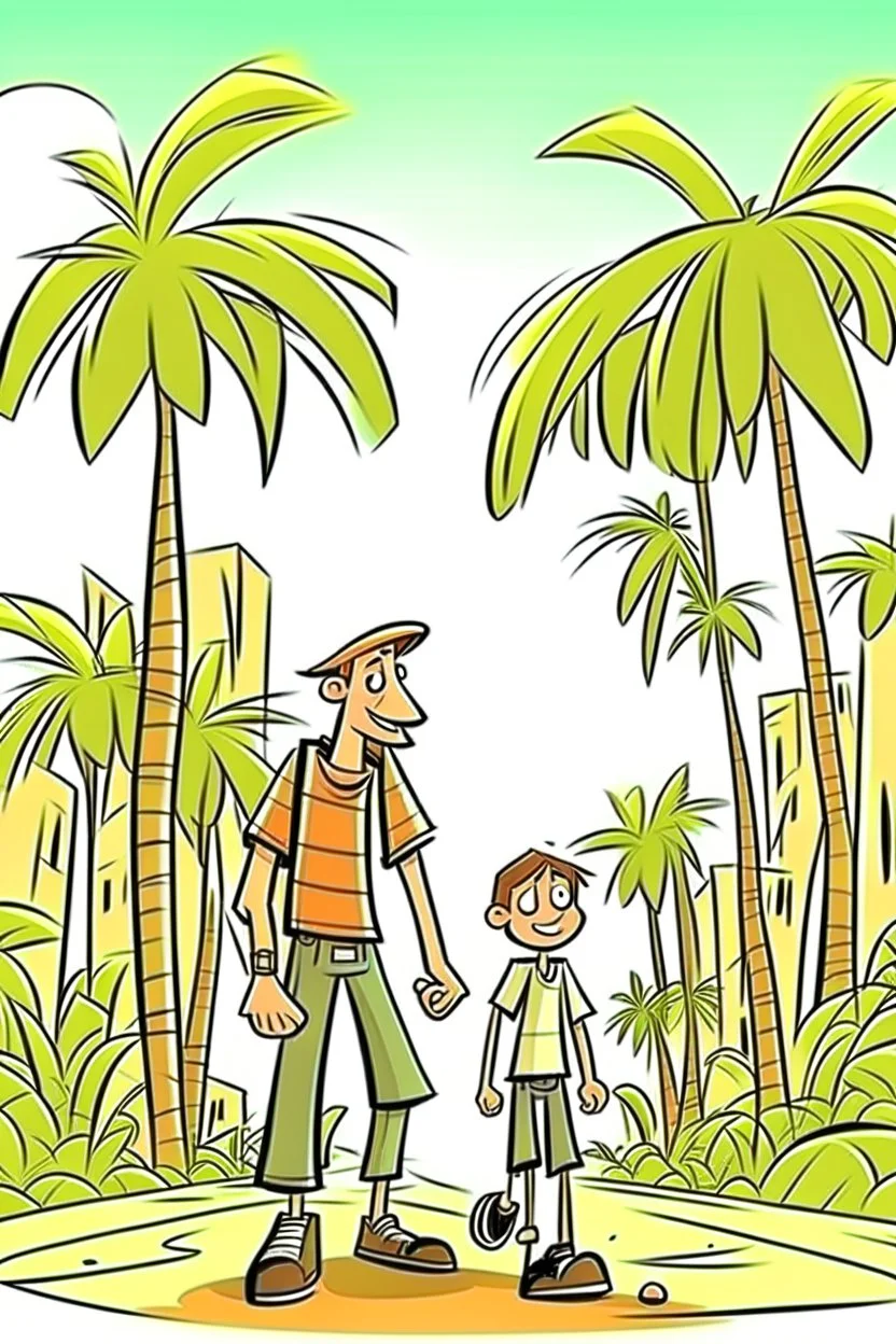 city palm trees old and boy walk cartoon