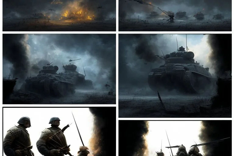 Masterpiece1:5)(Fineart), (award-winning:1.5), highest quality, (ultra realism:1.5) war journalism(,(by Tim Page and Hoorst Faas:1.5))(photorealistic:1.8), (Eastern Ukraine:(panel one:the moment after a battle ends, horrors of war, wounded men),(2nd panel, cinematic shot of men sitting in trench with 1000 yard stare (focus on their eyes:1.5)),(the third panel shows troops tired but hyper alert), (the fourth panel shows the sky is filled with incessant, fire and smoke,)